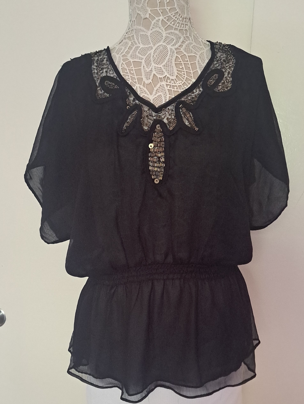 Fate Black Sheer Lace-Trim Tunic Top